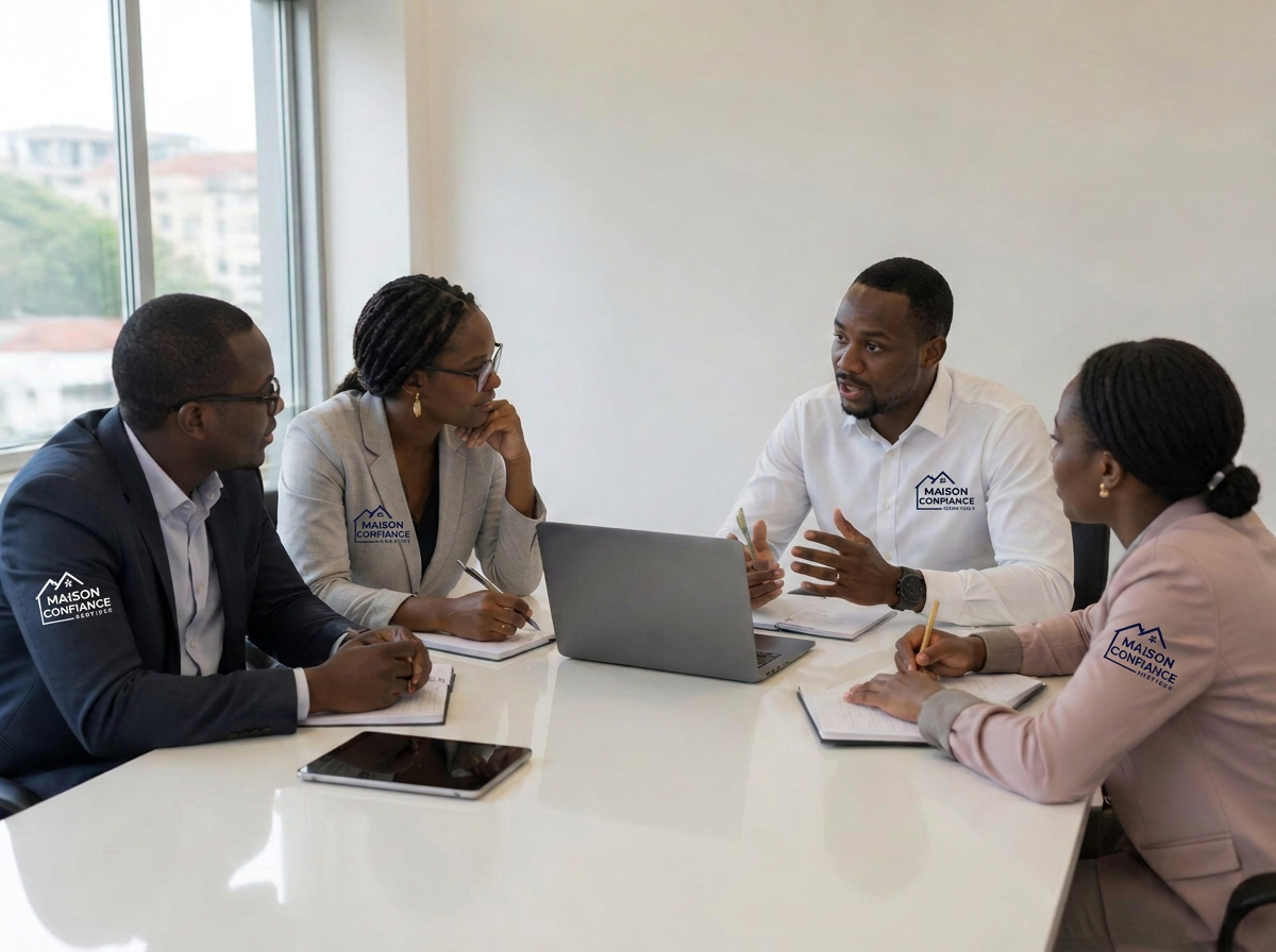 Équipe de Maison Confiance Services en réunion de travail à Yaoundé