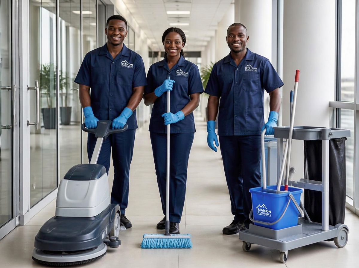 Équipe camerounaise de nettoyage en uniforme bleu marine dans un couloir de bureaux
