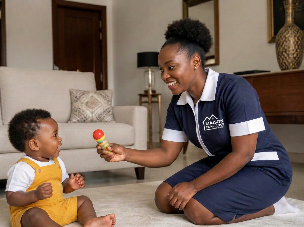 Nounou camerounaise jouant avec un enfant dans un salon moderne
